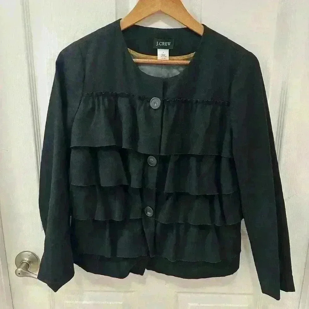 J Crew Ladies Black 100% Wool Ruffled Cascade Blazer Jacket Size 6 Business